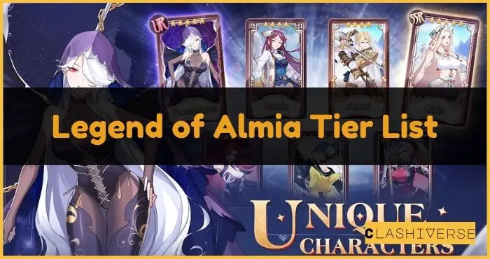 Feature image for our Legend Of Almia tier list. It shows images of various characters, with an article title over the top.