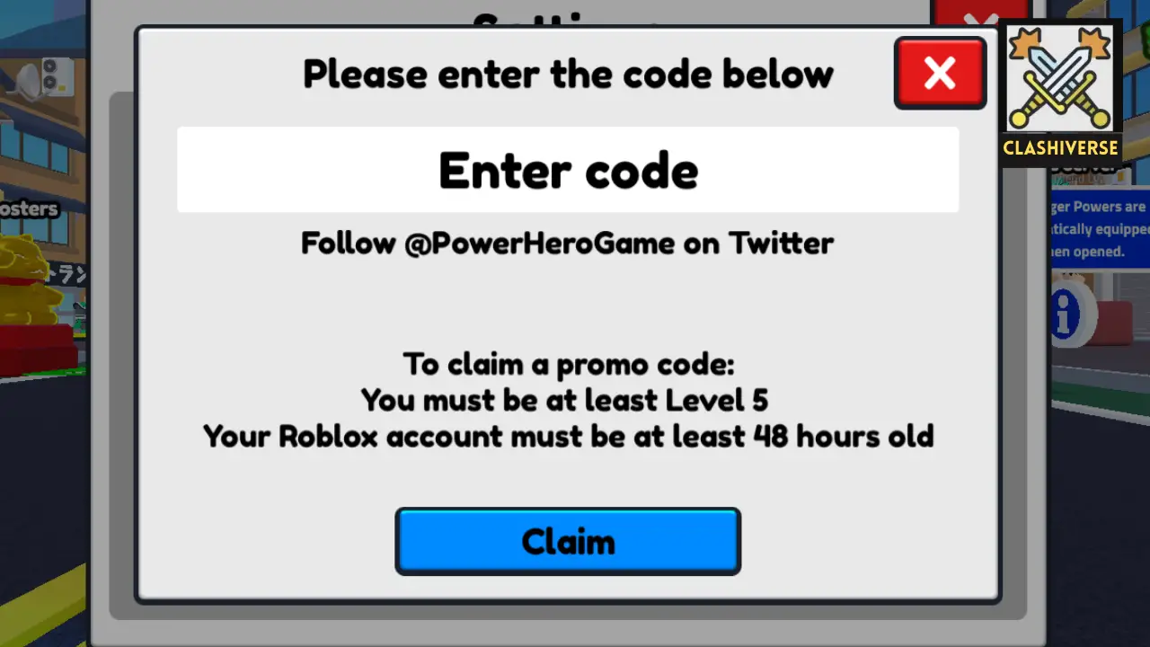 Power Hero code redemption section