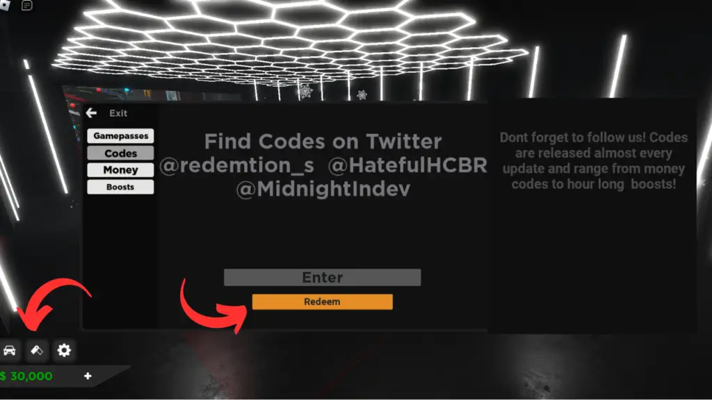 Midnight Chasers: Highway Racers code redemption menu